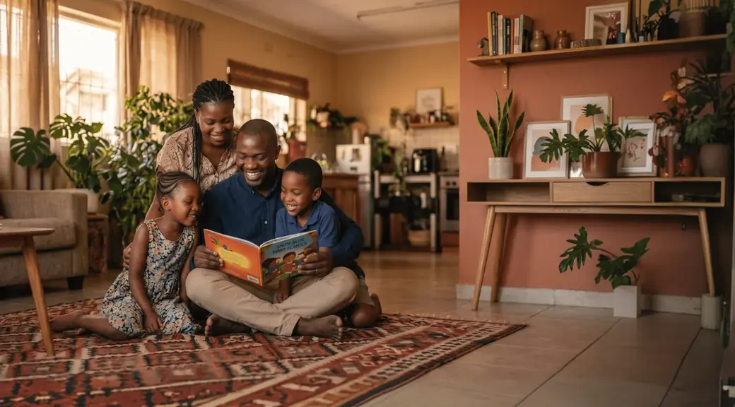 Família angolana feliz em casa
